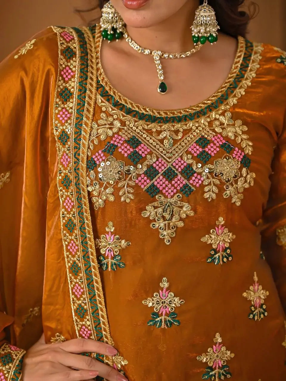 Heavy Fandy Silk Embroidered Top Sharara Palazzo Set with Dupatta