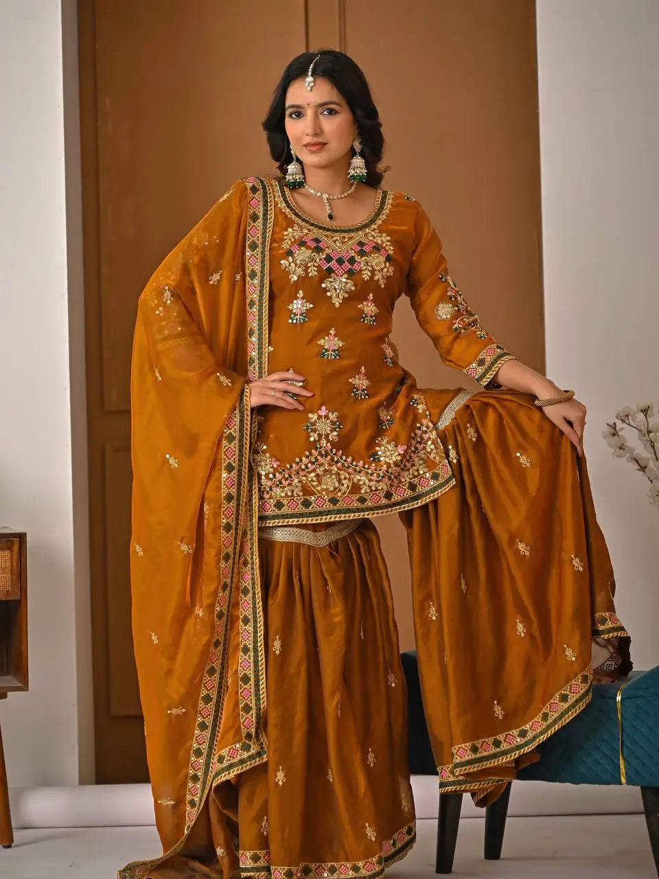 Heavy Fandy Silk Embroidered Top Sharara Palazzo Set with Dupatta