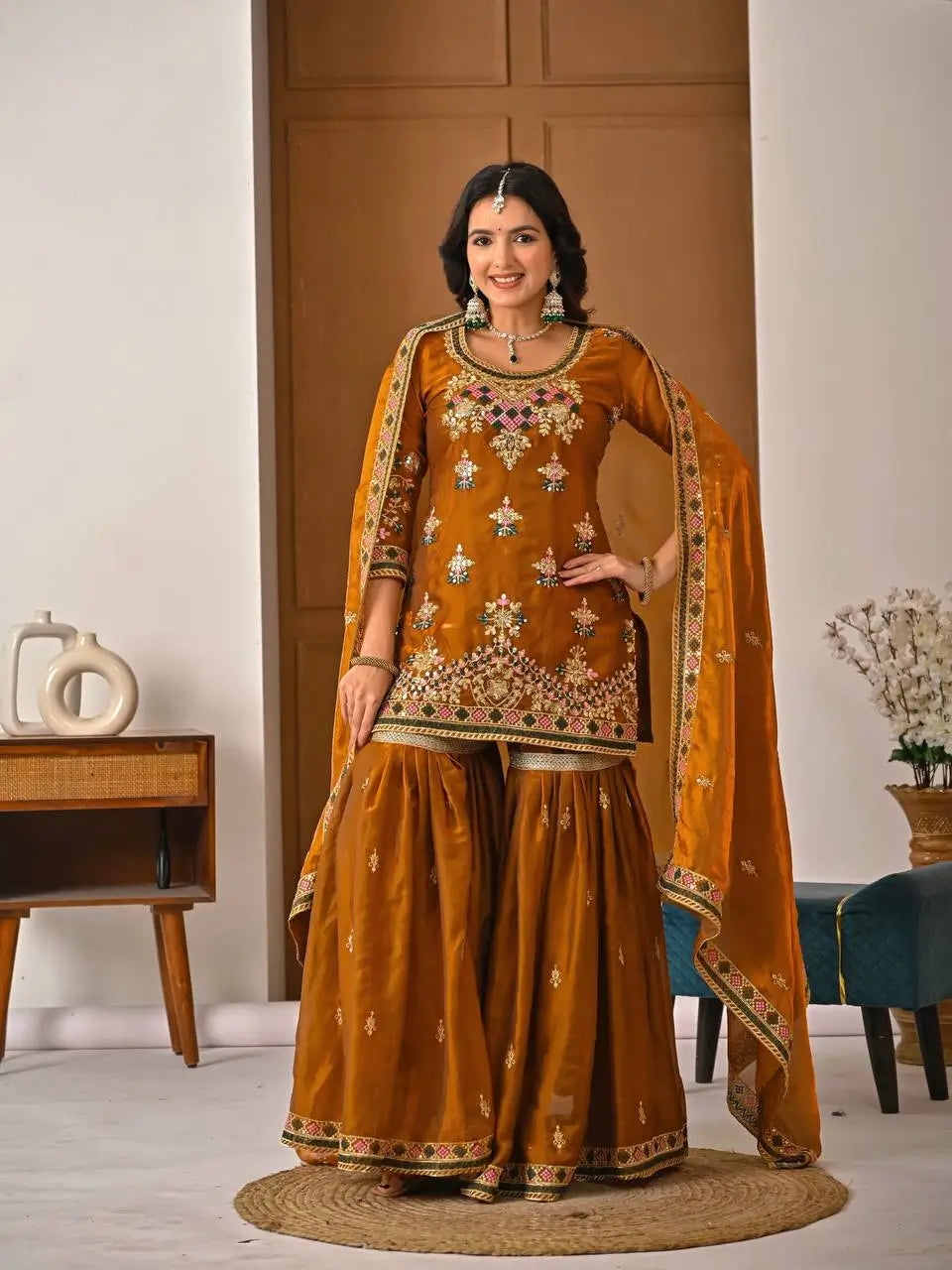 Heavy Fandy Silk Embroidered Top Sharara Palazzo Set with Dupatta