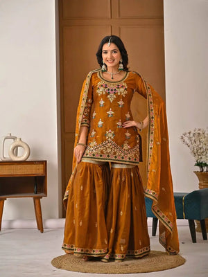 Heavy Fandy Silk Embroidered Top Sharara Palazzo Set with Dupatta