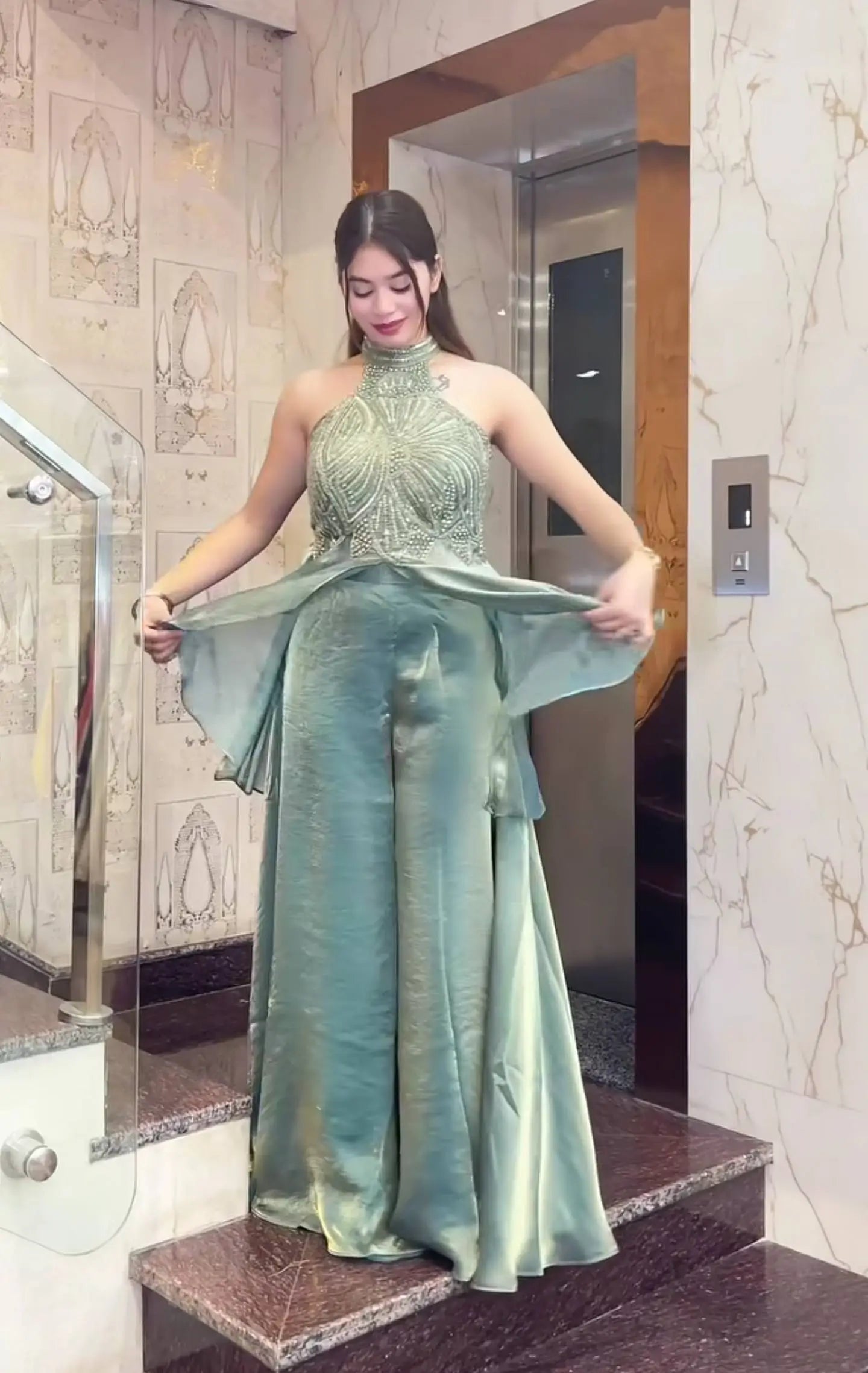 Heavy Fandy Silk Full Neck Top with Sharara Palazzo Set for special occasions