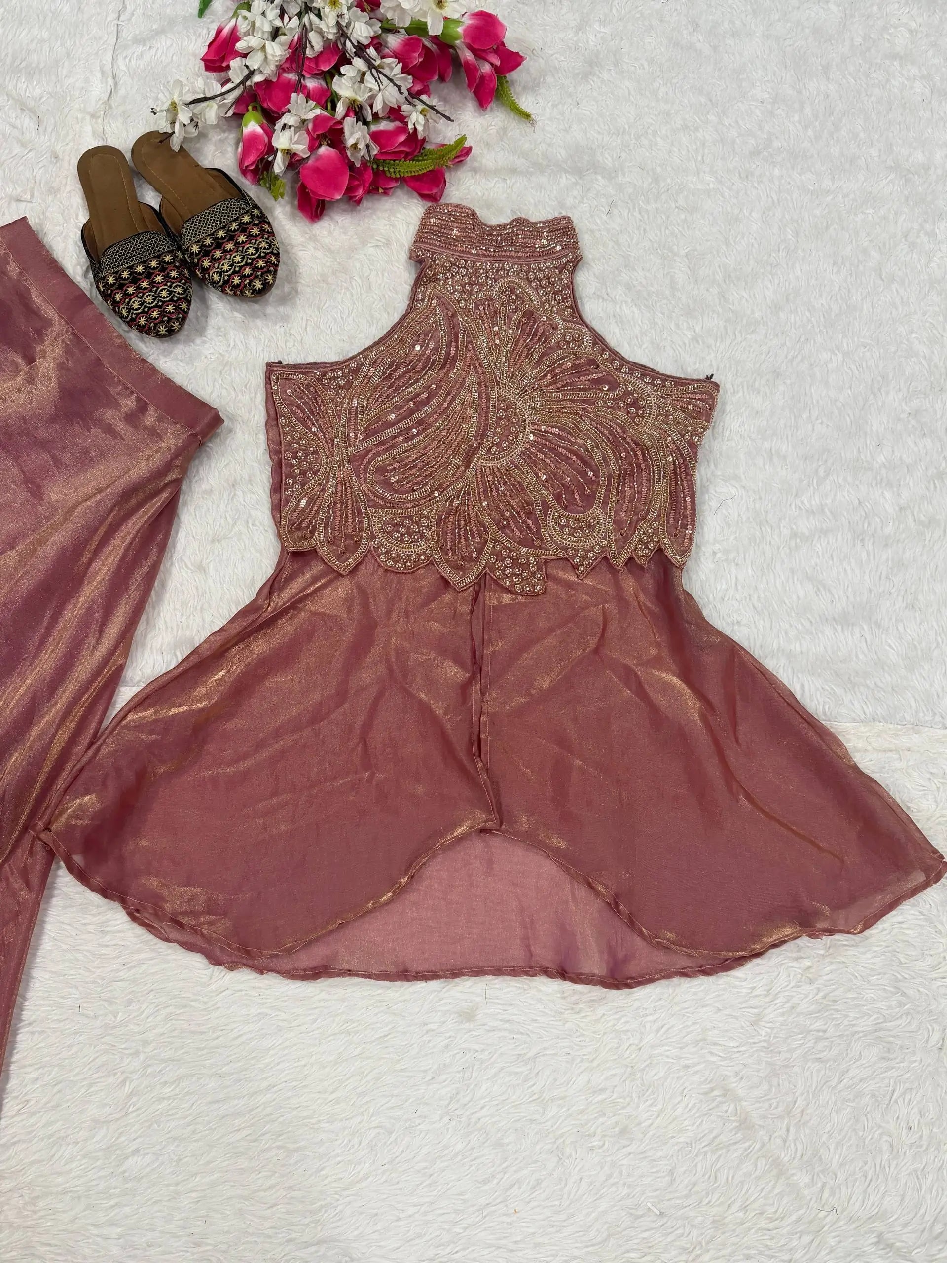 Heavy Fandy Silk Full Neck Top with Sharara Palazzo Set for special occasions