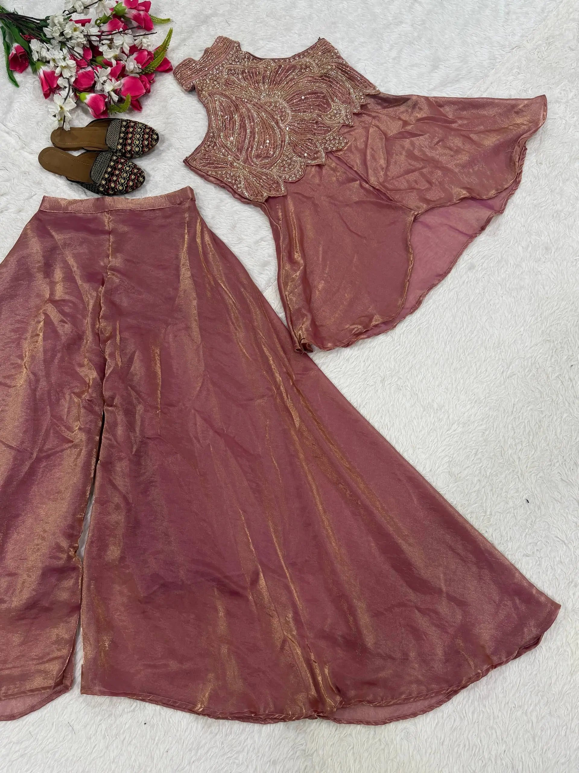 Heavy Fandy Silk Full Neck Top with Sharara Palazzo Set for special occasions