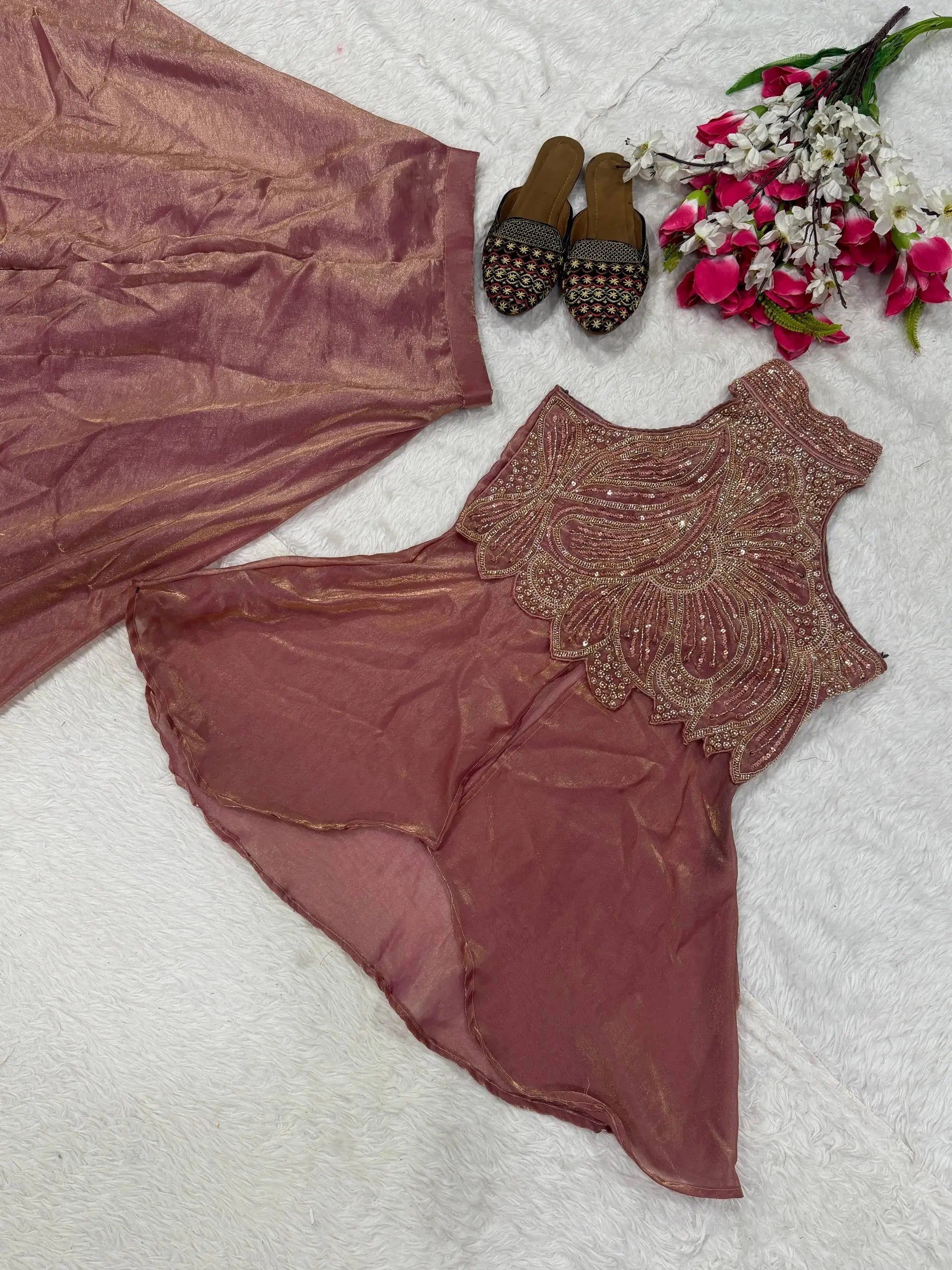 Heavy Fandy Silk Full Neck Top with Sharara Palazzo Set for special occasions