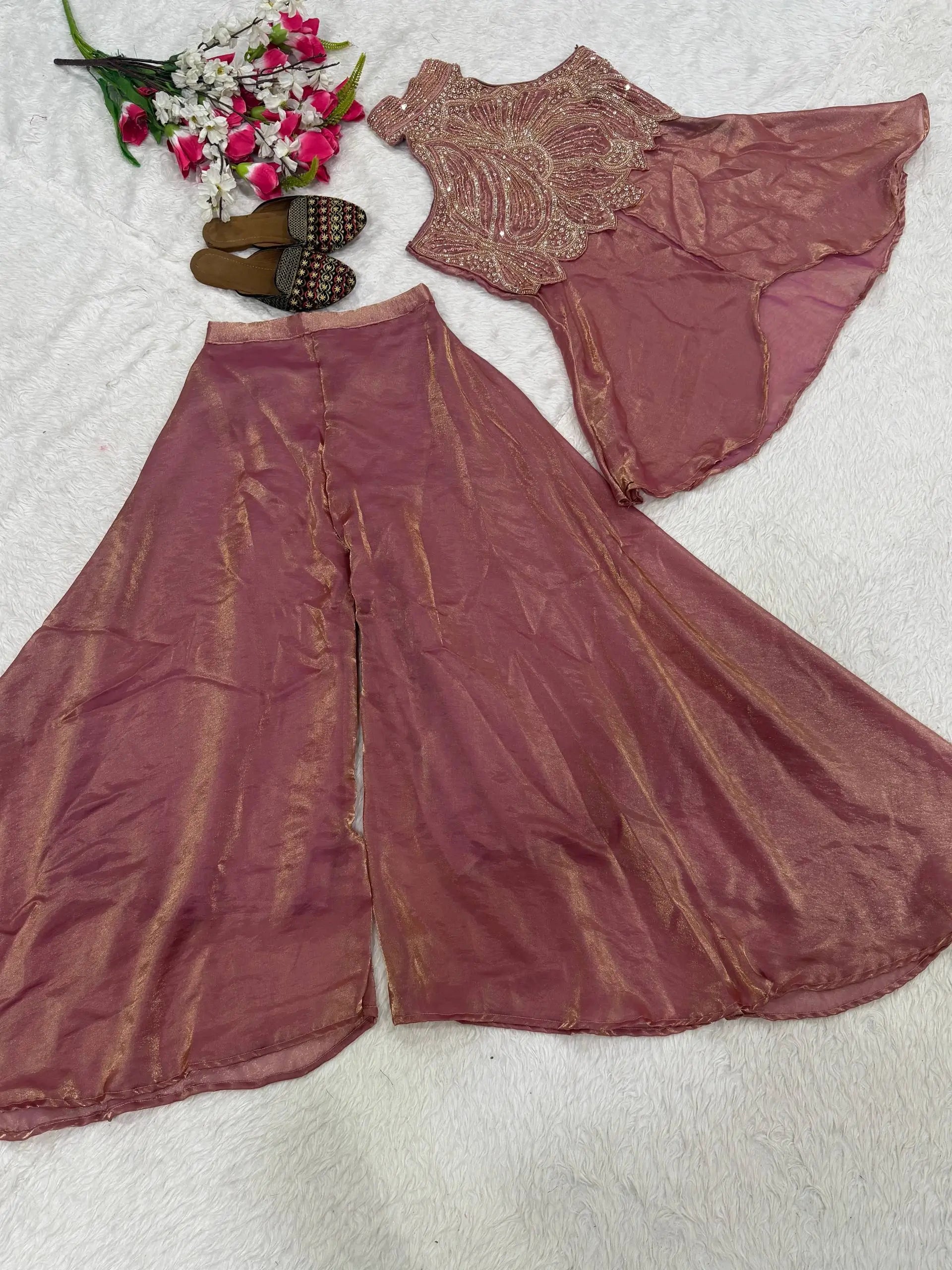 Heavy Fandy Silk Full Neck Top with Sharara Palazzo Set for special occasions