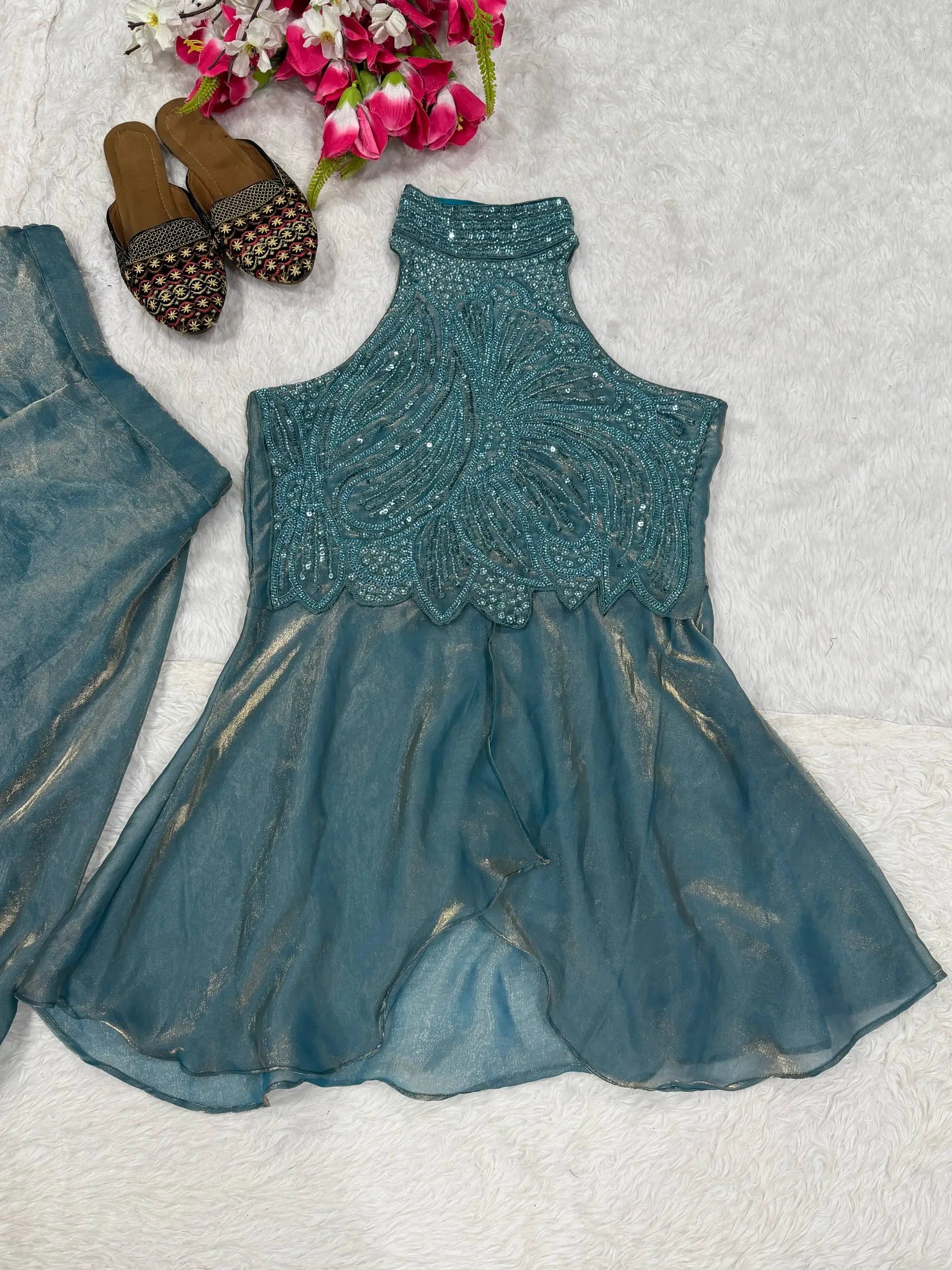 Heavy Fandy Silk Full Neck Top with Sharara Palazzo Set for special occasions