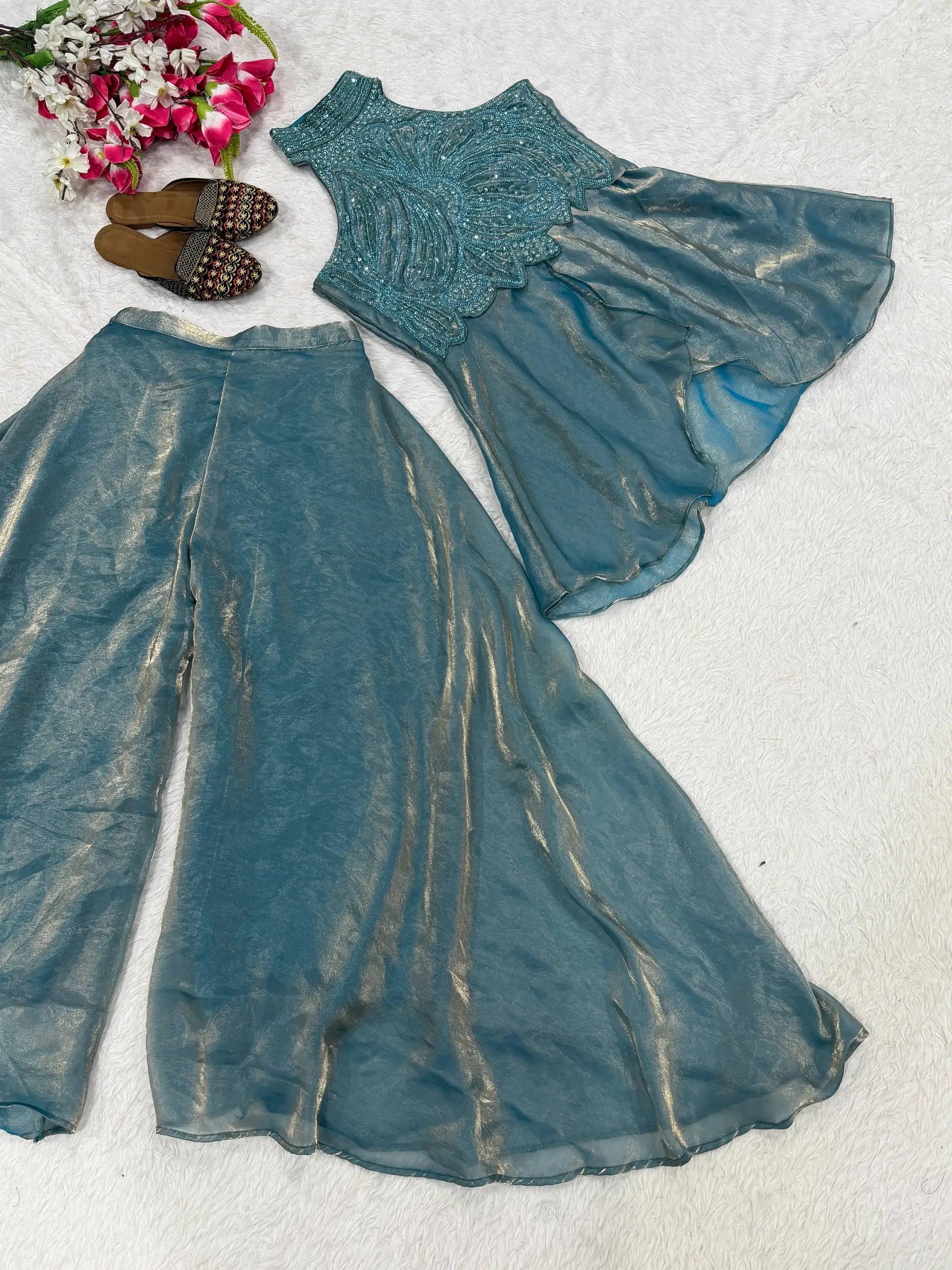 Heavy Fandy Silk Full Neck Top with Sharara Palazzo Set for special occasions