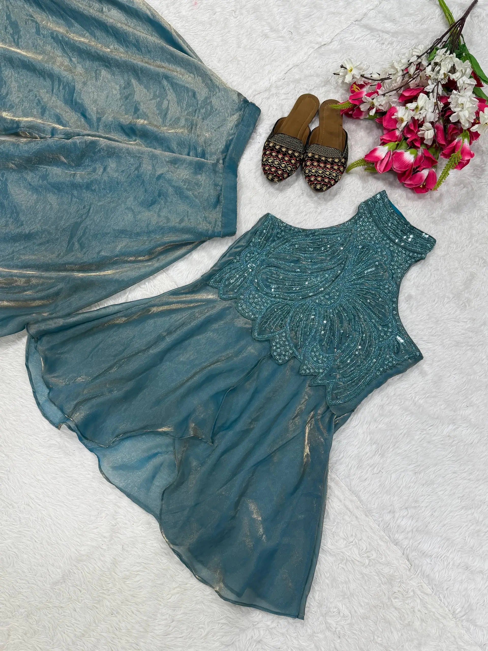 Heavy Fandy Silk Full Neck Top with Sharara Palazzo Set for special occasions