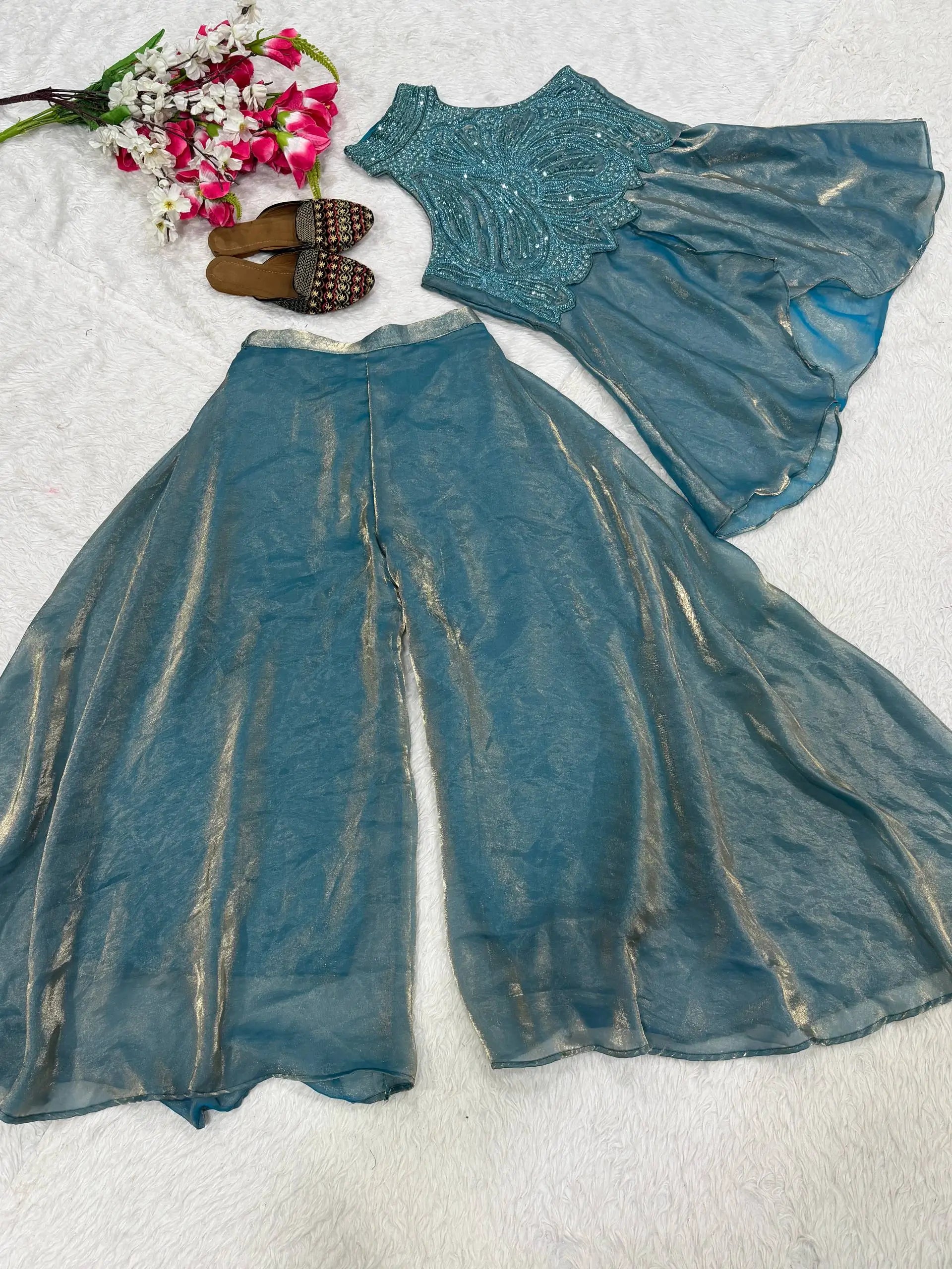 Heavy Fandy Silk Full Neck Top with Sharara Palazzo Set for special occasions