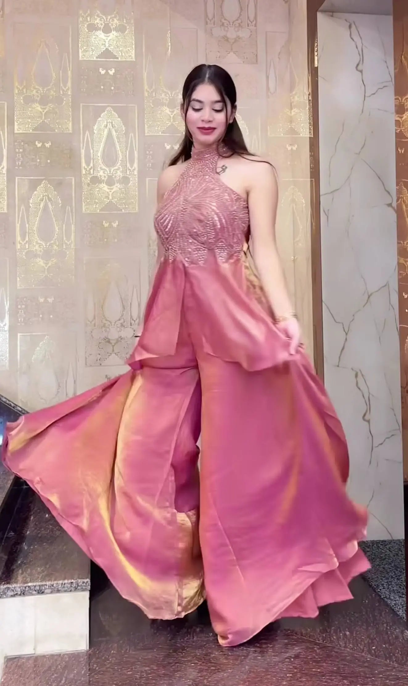 Heavy Fandy Silk Full Neck Top with Sharara Palazzo Set for special occasions