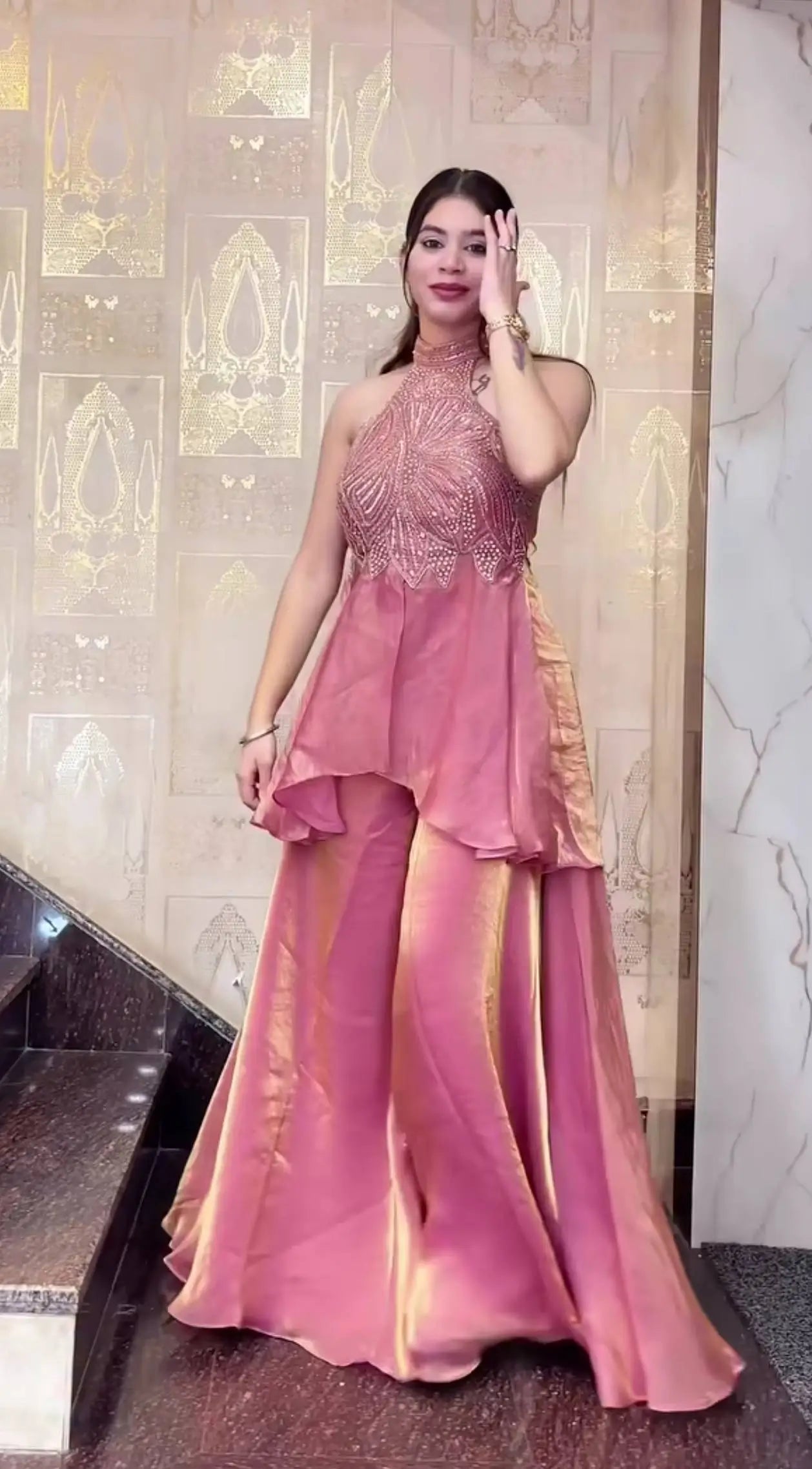 Heavy Fandy Silk Full Neck Top with Sharara Palazzo Set for special occasions