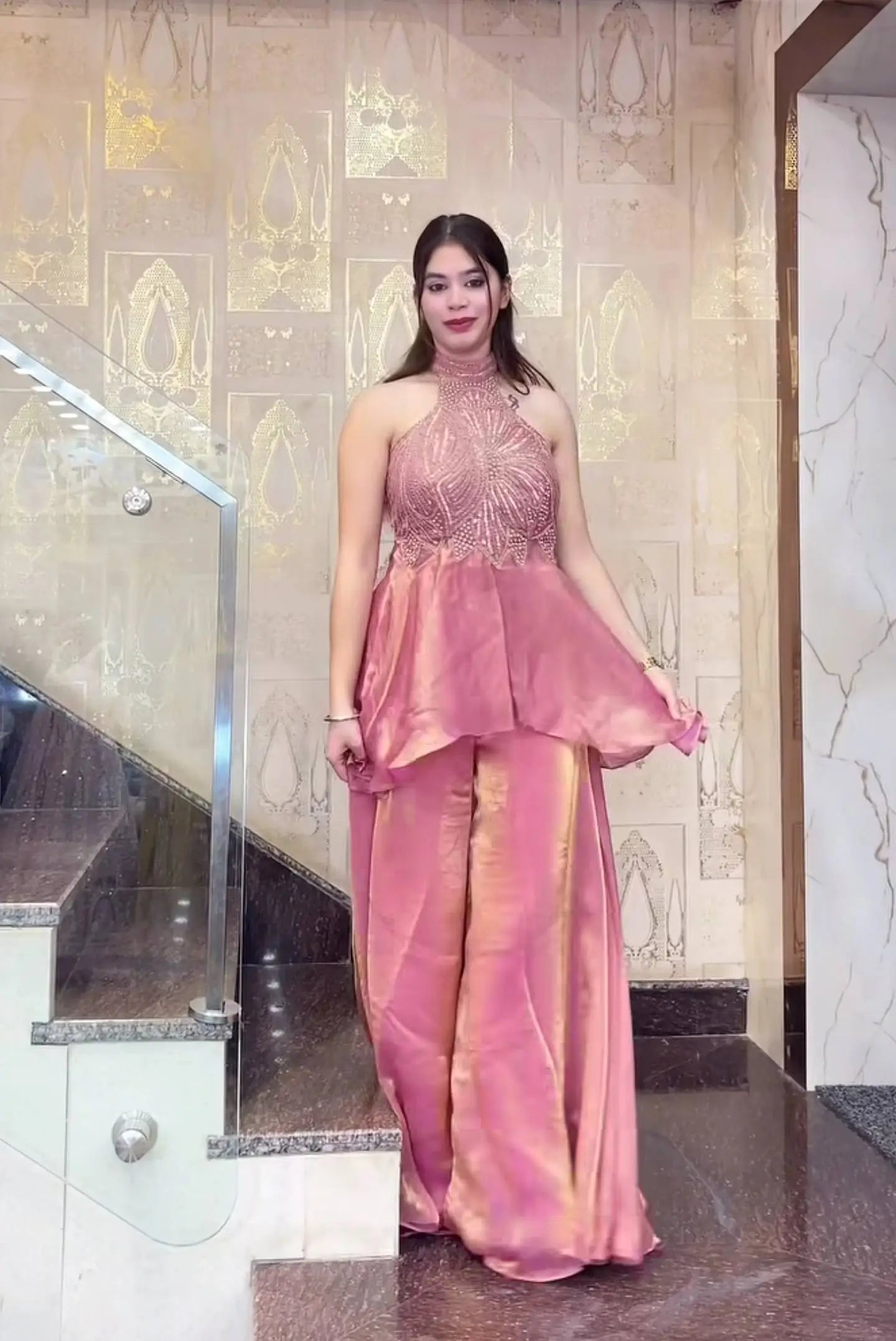 Heavy Fandy Silk Full Neck Top with Sharara Palazzo Set for special occasions