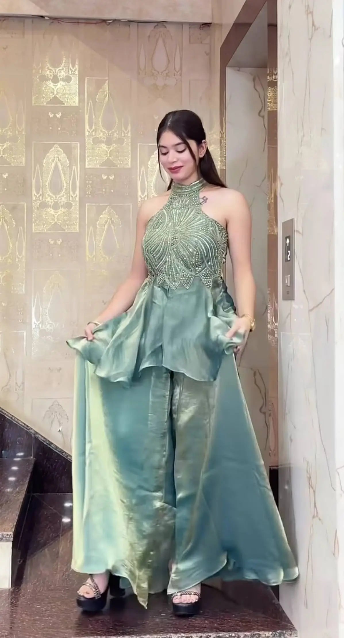 Heavy Fandy Silk Full Neck Top with Sharara Palazzo Set for special occasions