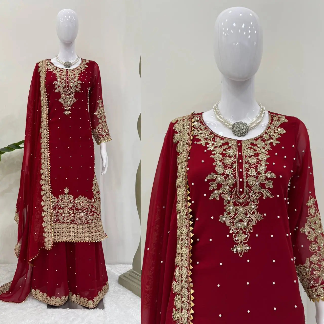 Heavy Faux Georgette Coding Sequin Rivet Moti Kurta Plazzo Set with 4-Side Lace Dupatta | Wedding Festive Wear