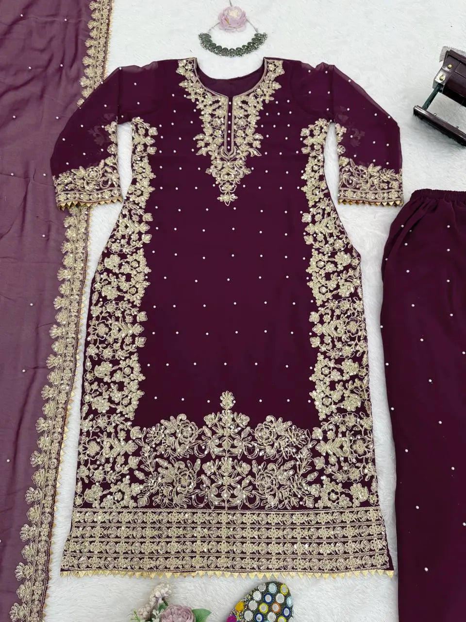 Heavy Faux Georgette Coding Sequin Rivet Moti Kurta Plazzo Set with 4-Side Lace Dupatta | Wedding Festive Wear