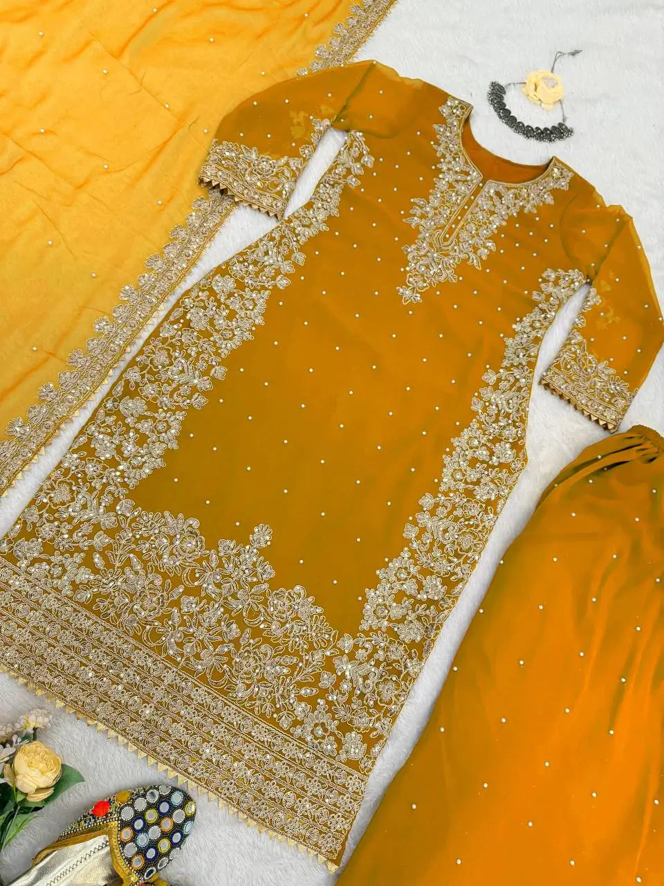 Heavy Faux Georgette Coding Sequin Rivet Moti Kurta Plazzo Set with 4-Side Lace Dupatta | Wedding Festive Wear