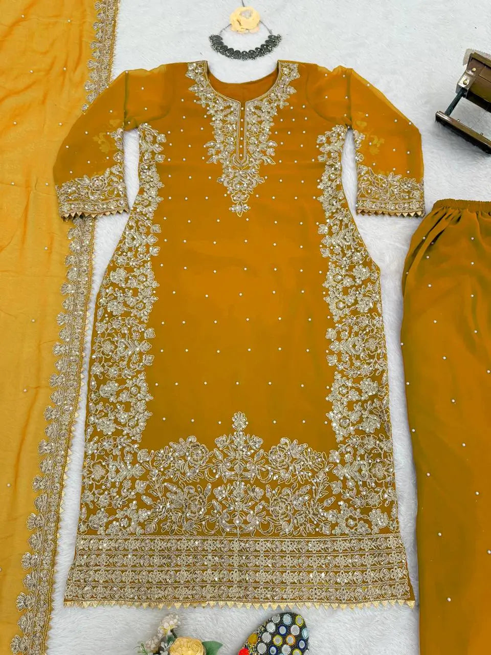 Heavy Faux Georgette Coding Sequin Rivet Moti Kurta Plazzo Set with 4-Side Lace Dupatta | Wedding Festive Wear