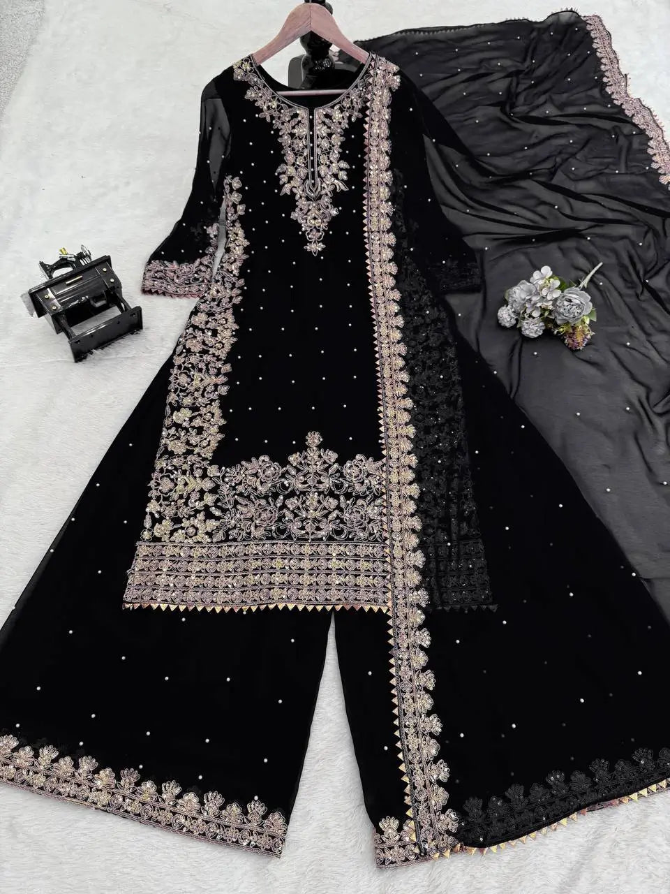 Heavy Faux Georgette Coding Sequin Rivet Moti Kurta Plazzo Set with 4-Side Lace Dupatta | Wedding Festive Wear
