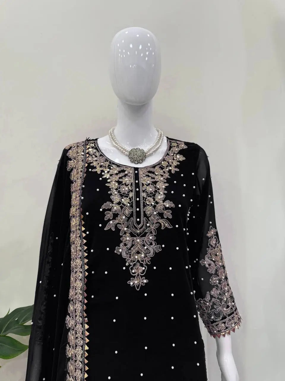 Heavy Faux Georgette Coding Sequin Rivet Moti Kurta Plazzo Set with 4-Side Lace Dupatta | Wedding Festive Wear