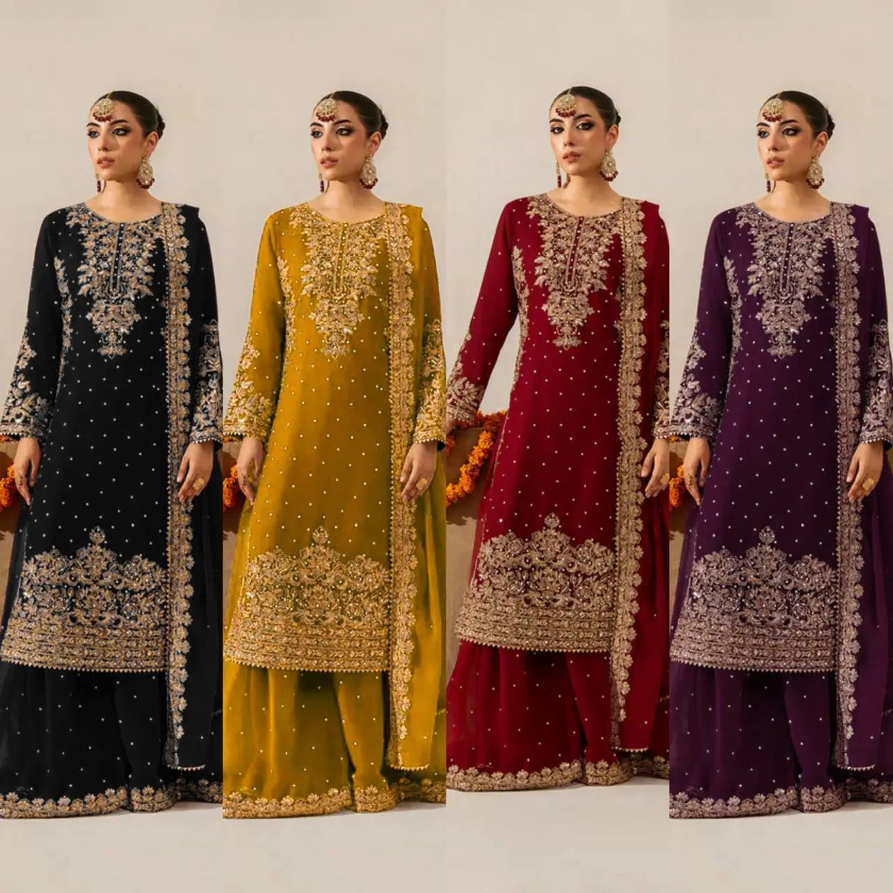 Heavy Faux Georgette Coding Sequin Rivet Moti Kurta Plazzo Set with 4-Side Lace Dupatta | Wedding Festive Wear