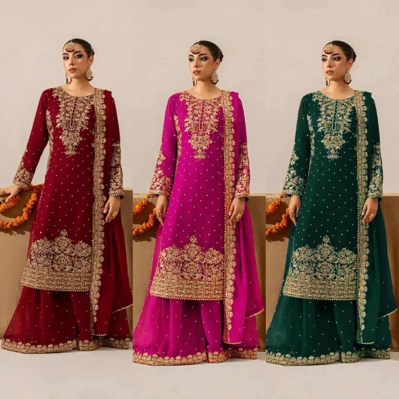 Heavy Faux Georgette Coding Sequin Rivet Moti Kurta Plazzo Set with 4-Side Lace Dupatta | Wedding Festive Wear