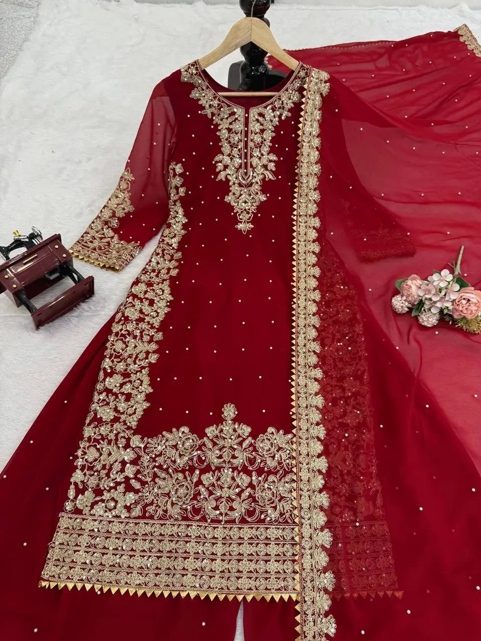 Heavy Faux Georgette Coding Sequin Rivet Moti Kurta Plazzo Set with 4-Side Lace Dupatta | Wedding Festive Wear