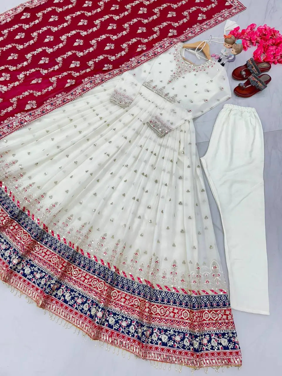 Heavy Faux Georgette Embroidered Anarkali Gown with Dupatta & Bottom