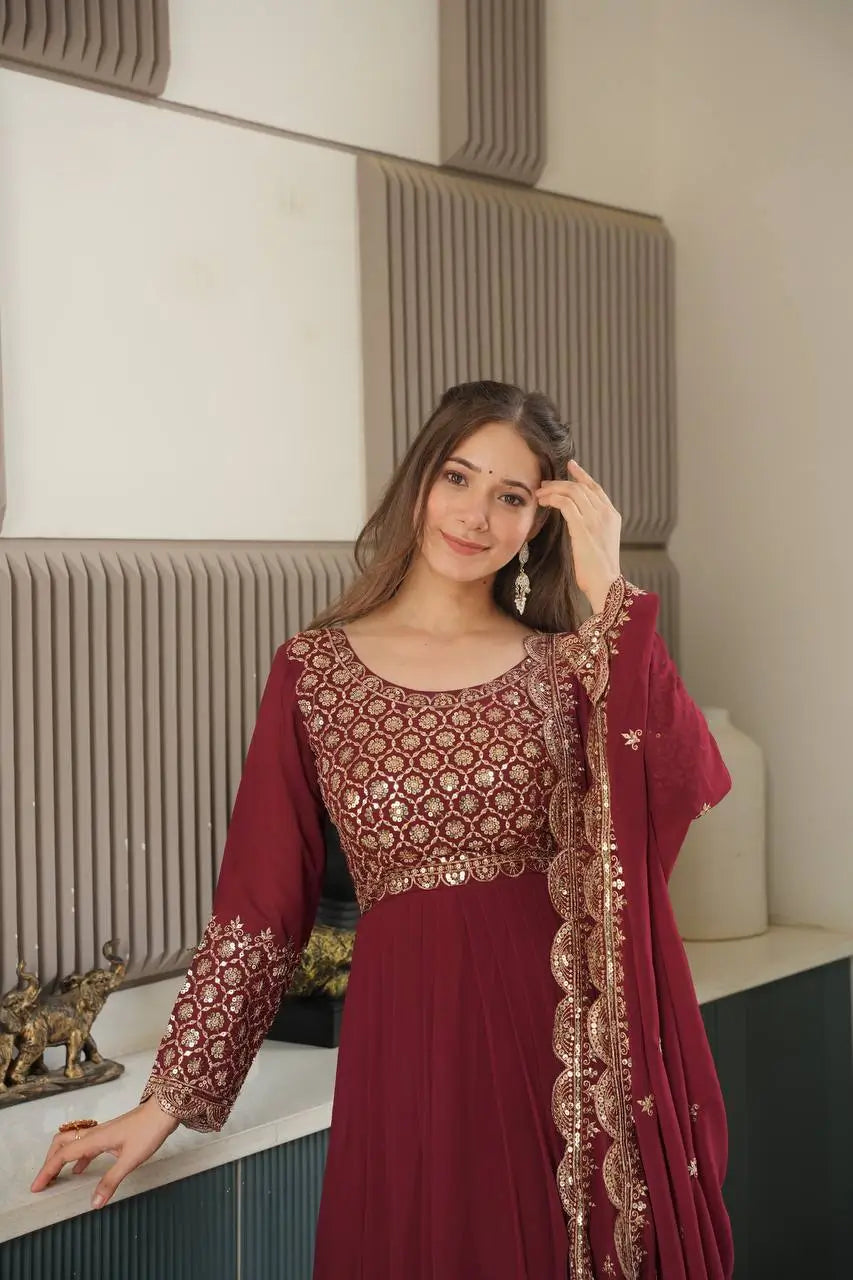 Heavy Faux Georgette Embroidered Gown Sharara Set with Dupatta