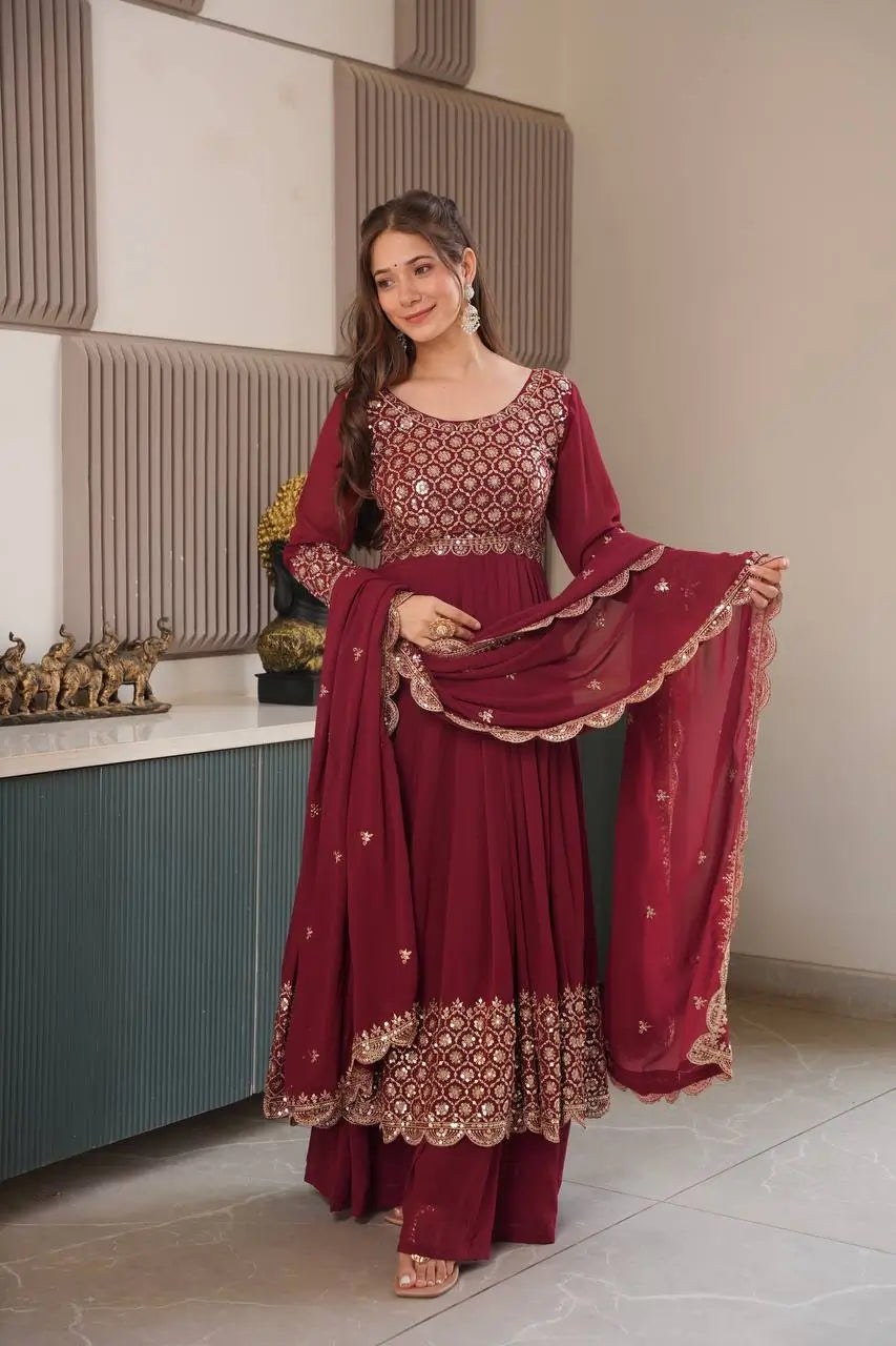 Heavy Faux Georgette Embroidered Gown Sharara Set with Dupatta