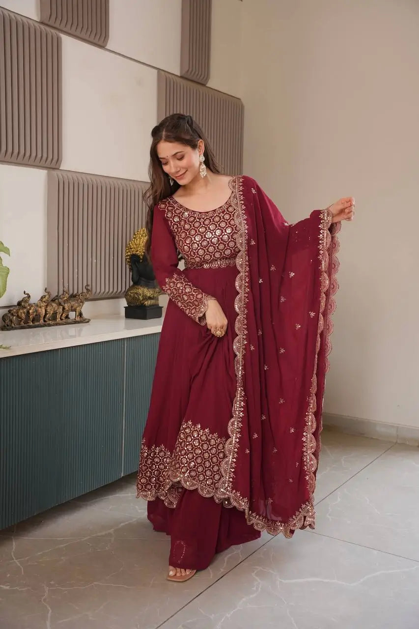 Heavy Faux Georgette Embroidered Gown Sharara Set with Dupatta