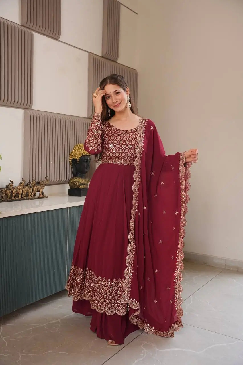 Heavy Faux Georgette Embroidered Gown Sharara Set with Dupatta