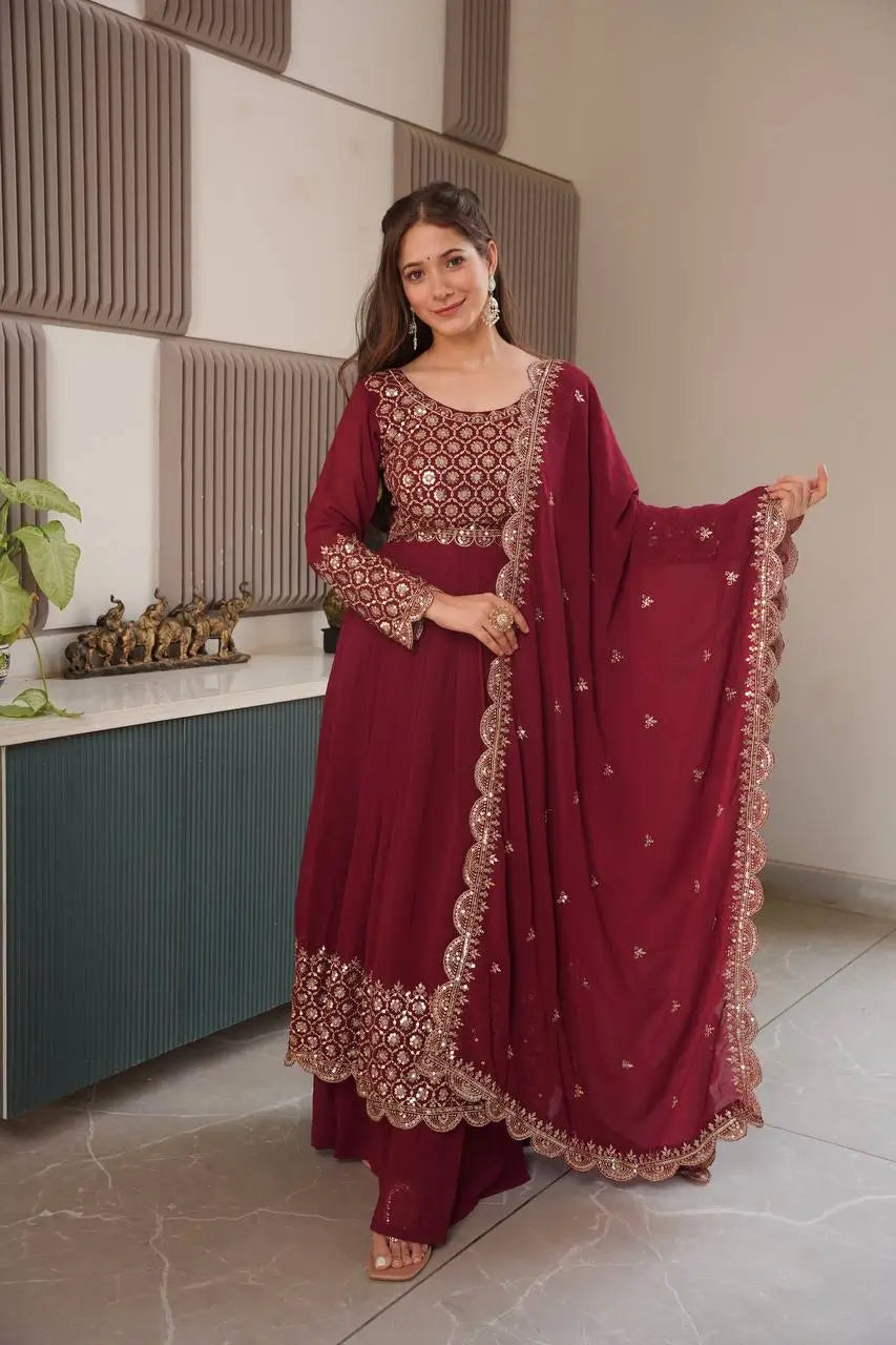 Heavy Faux Georgette Embroidered Gown Sharara Set with Dupatta