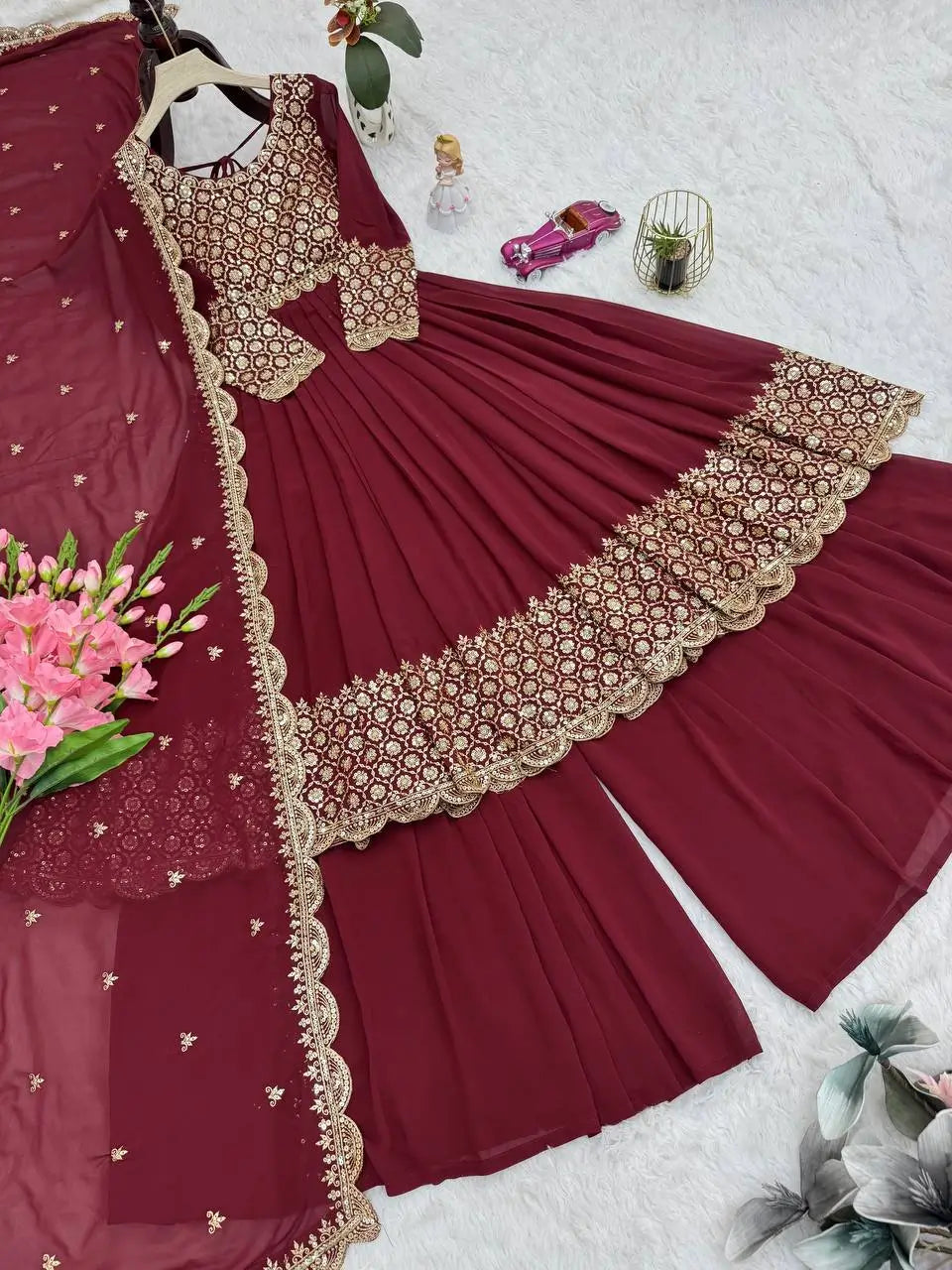 Heavy Faux Georgette Embroidered Gown Sharara Set with Dupatta