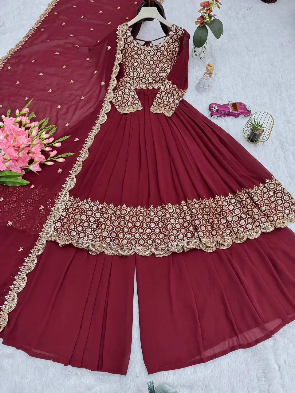 Heavy Faux Georgette Embroidered Gown Sharara Set with Dupatta