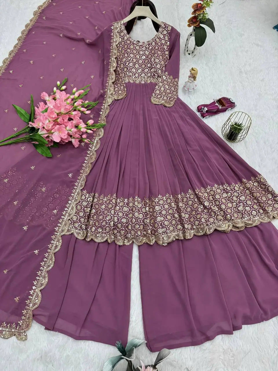 Heavy Faux Georgette Embroidered Gown Sharara Set with Dupatta
