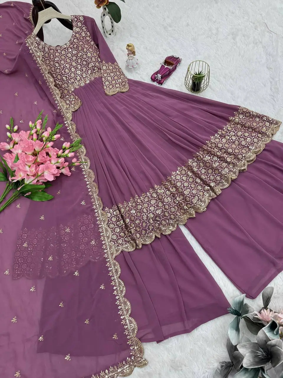 Heavy Faux Georgette Embroidered Gown Sharara Set with Dupatta
