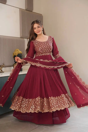 Heavy Faux Georgette Embroidered Gown Sharara Set with Dupatta