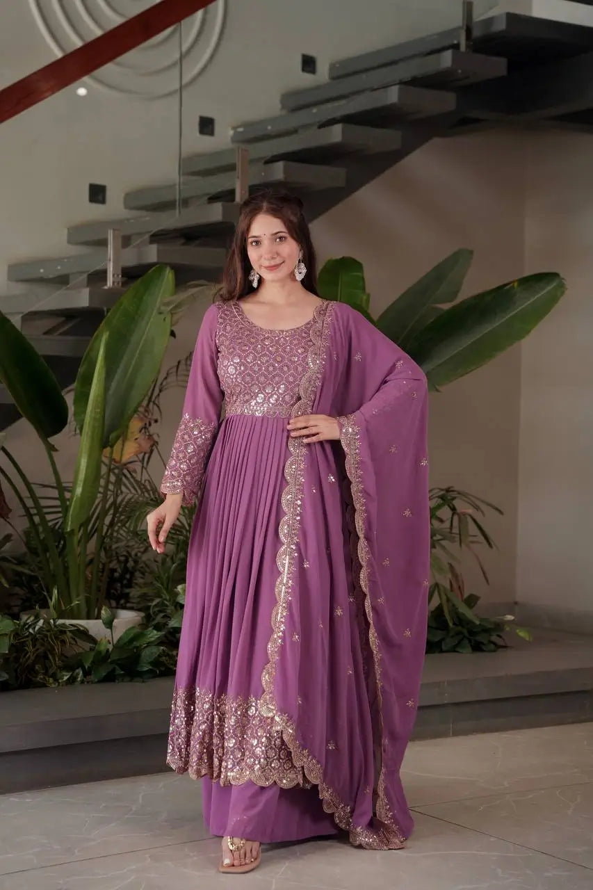 Heavy Faux Georgette Embroidered Gown Sharara Set with Dupatta