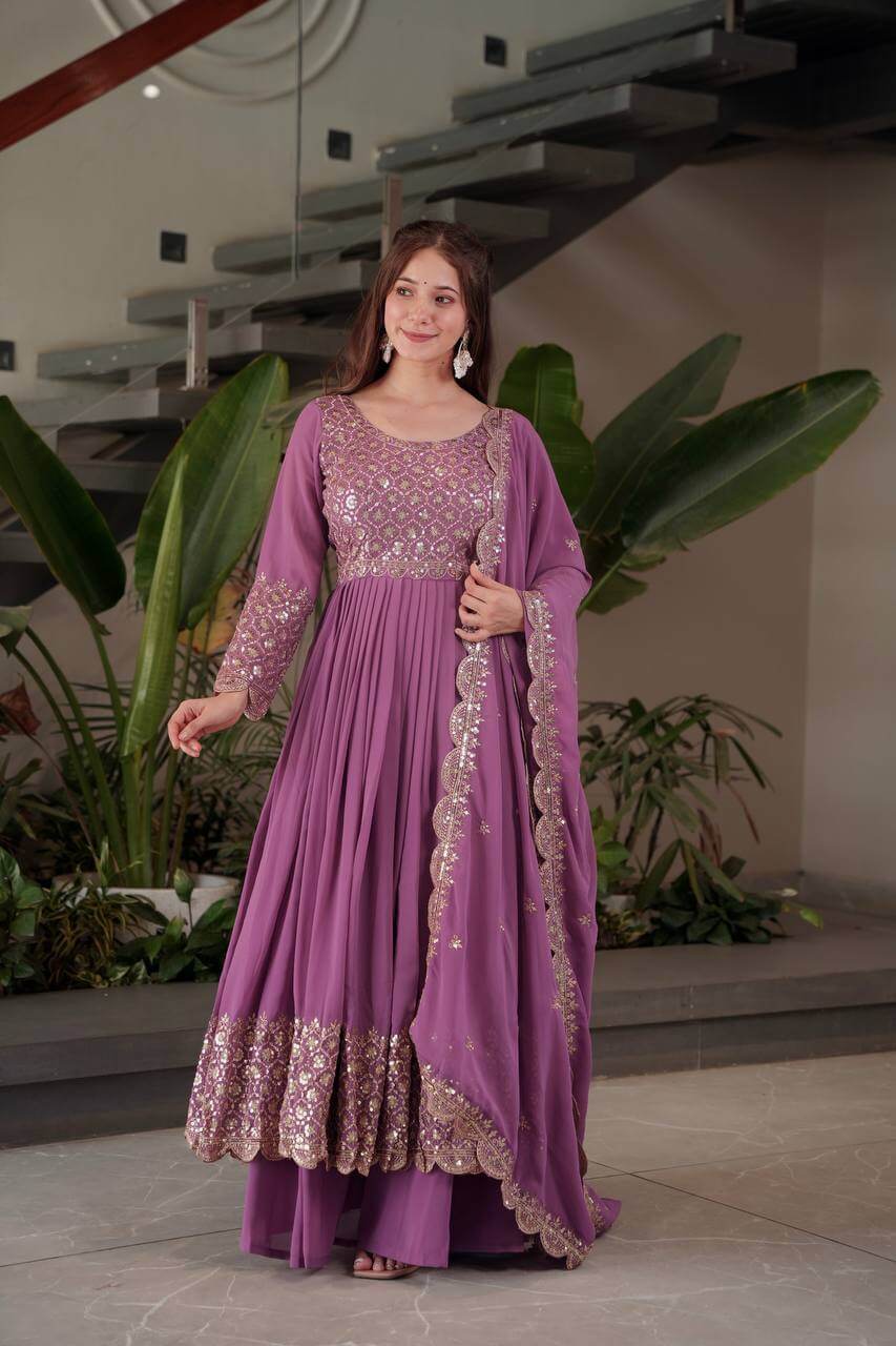 Heavy Faux Georgette Embroidered Gown Sharara Set with Dupatta
