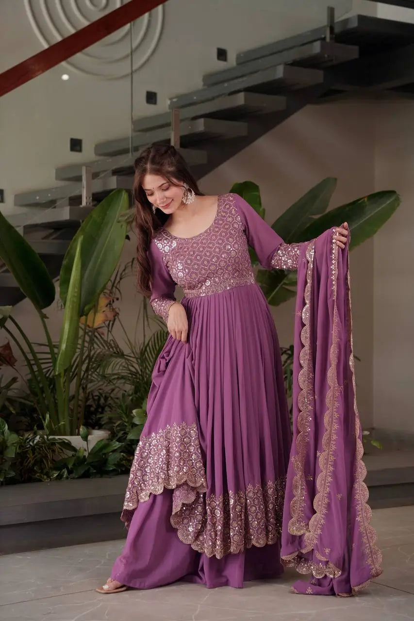 Heavy Faux Georgette Embroidered Gown Sharara Set with Dupatta