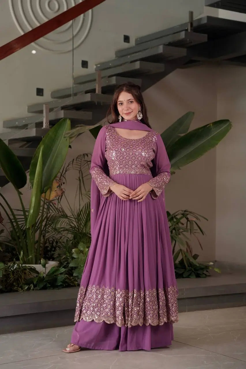 Heavy Faux Georgette Embroidered Gown Sharara Set with Dupatta
