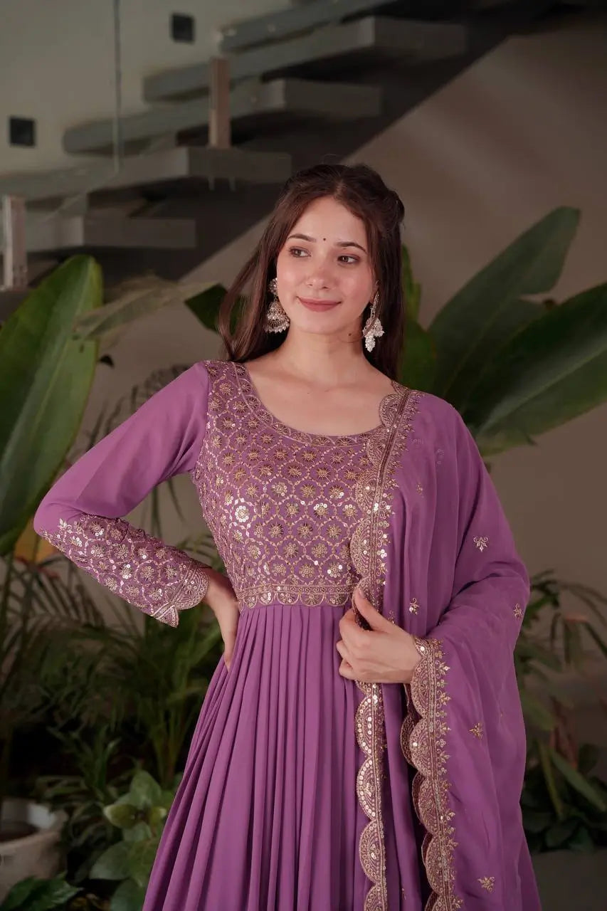 Heavy Faux Georgette Embroidered Gown Sharara Set with Dupatta