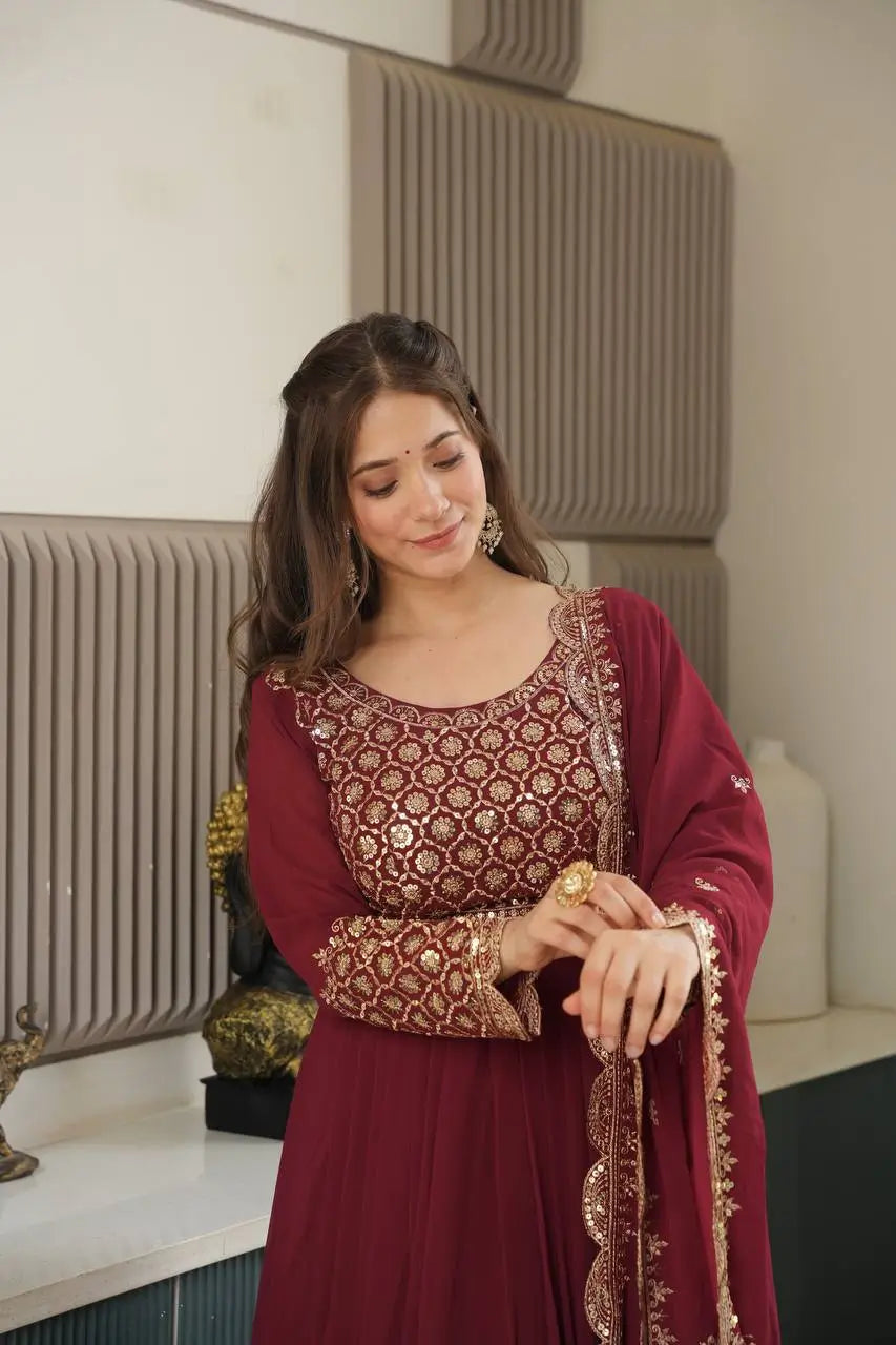 Heavy Faux Georgette Embroidered Gown Sharara Set with Dupatta