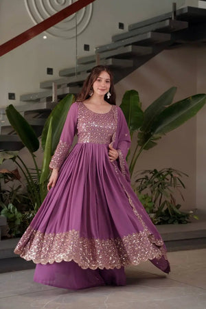 Heavy Faux Georgette Embroidered Gown Sharara Set with Dupatta