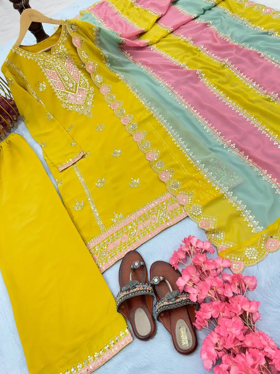 Heavy Faux Georgette Embroidered Palazzo Set with Multicolor Dupatta