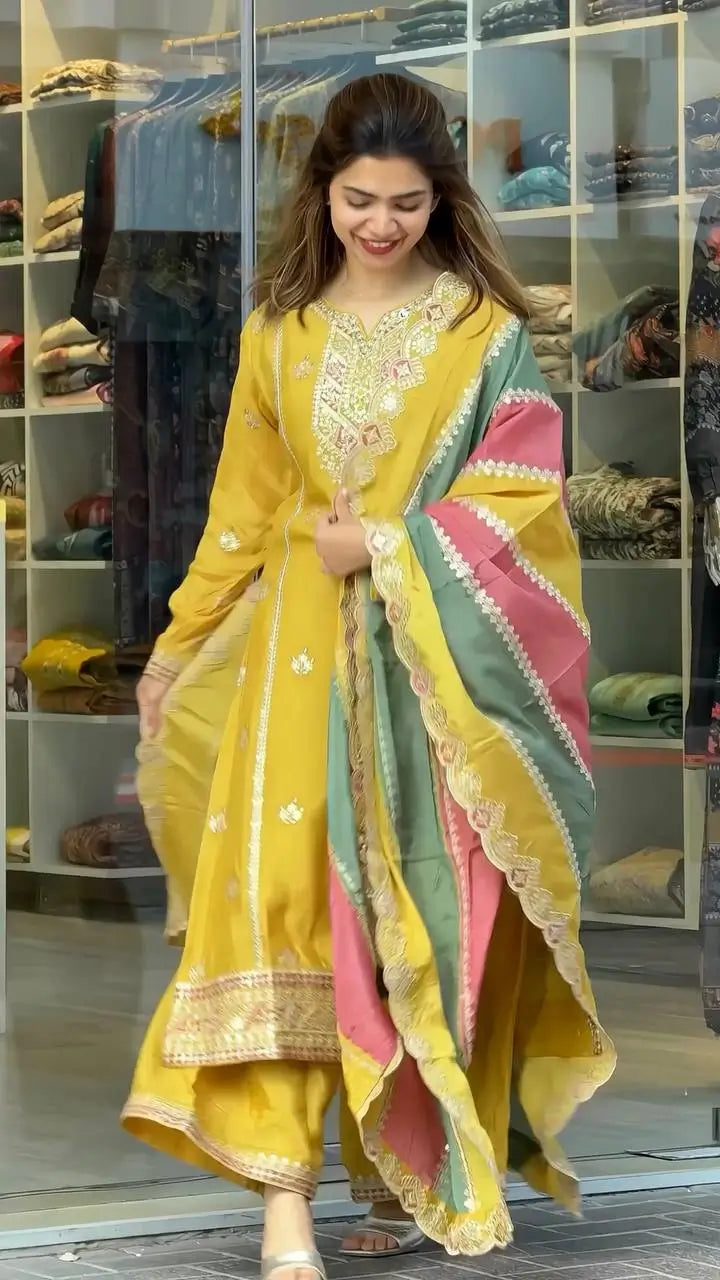 Heavy Faux Georgette Embroidered Palazzo Set with Multicolor Dupatta