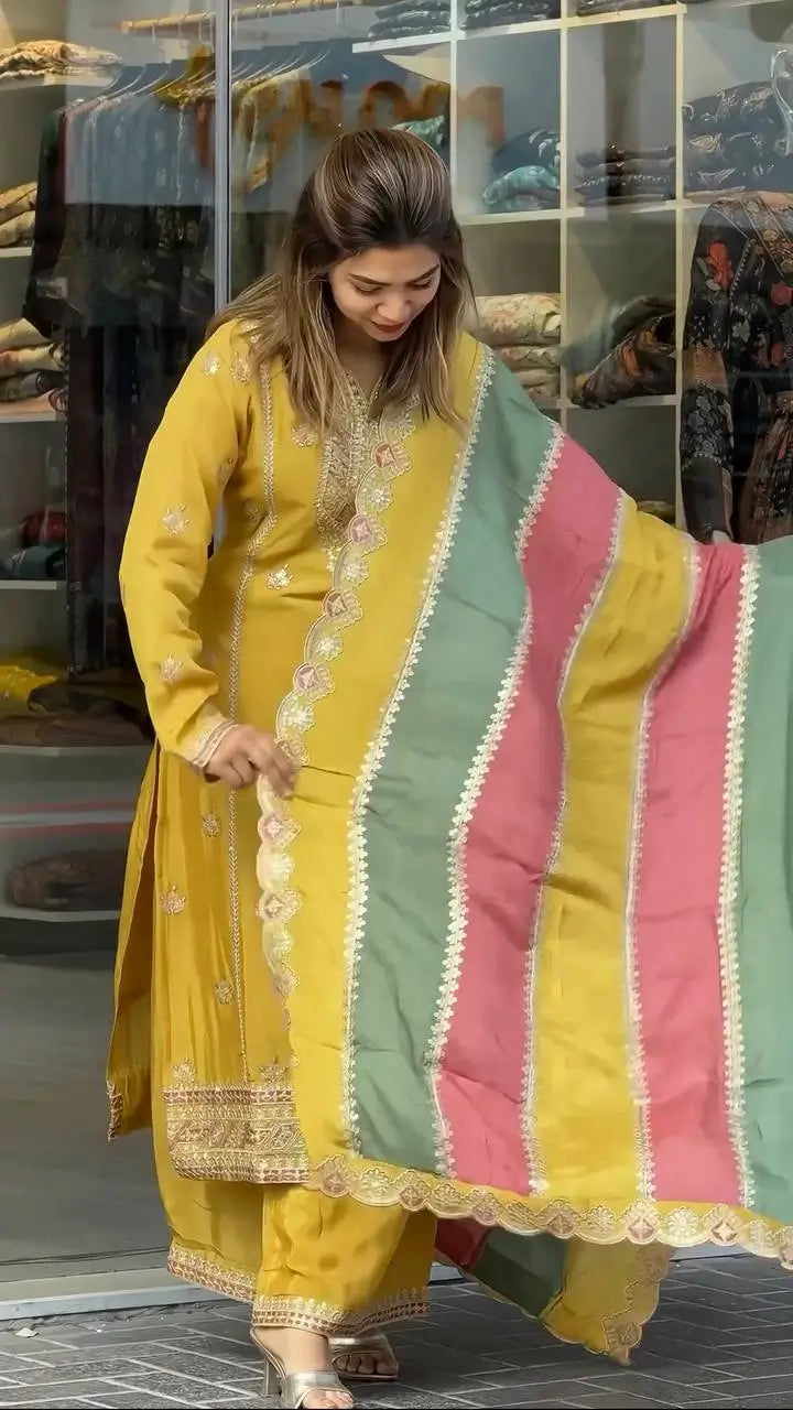 Heavy Faux Georgette Embroidered Palazzo Set with Multicolor Dupatta