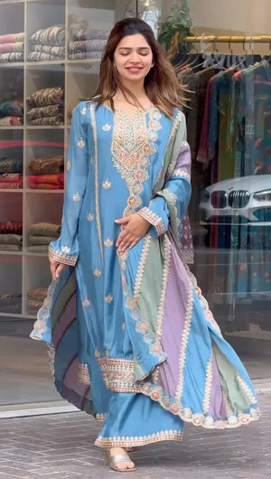 Heavy Faux Georgette Embroidered Palazzo Set with Multicolor Dupatta