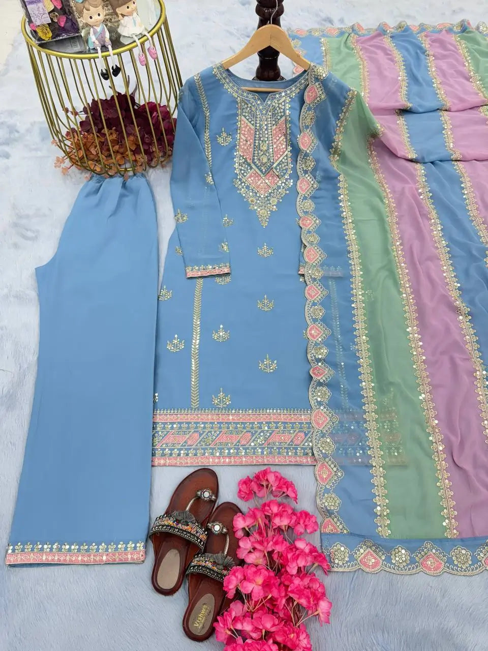 Heavy Faux Georgette Embroidered Palazzo Set with Multicolor Dupatta