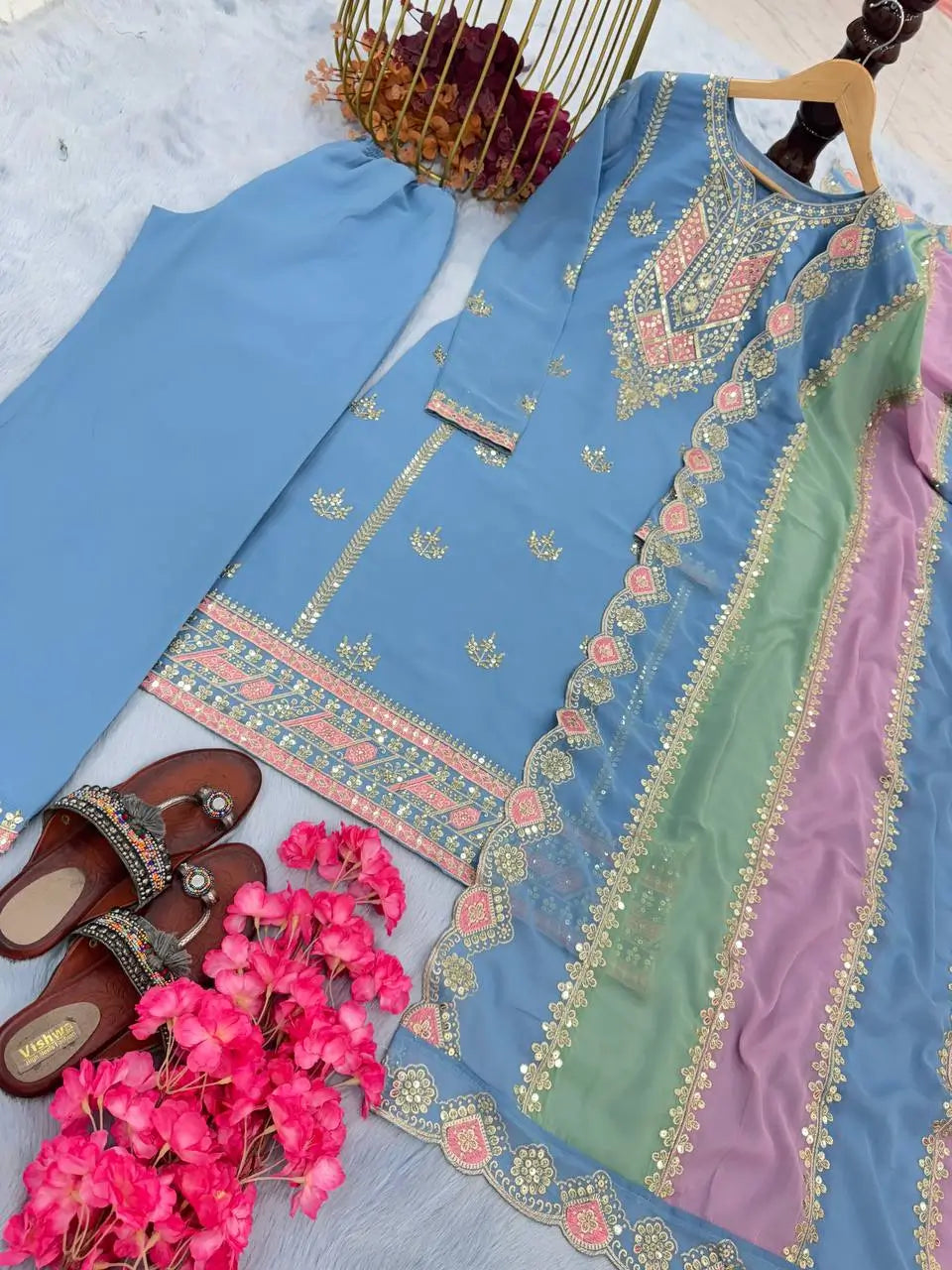 Heavy Faux Georgette Embroidered Palazzo Set with Multicolor Dupatta